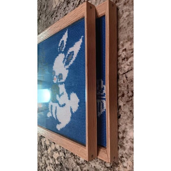 Vintage Two Needlepoint Art Complete Rabbit Kitten Cat Yarn Cross Stitch Framed - Picture 10 of 16